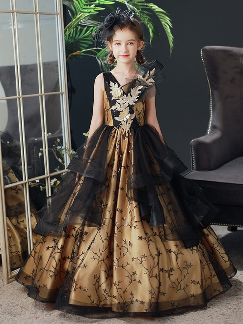 Black Branch V-neck Lace Flower Girl Dress