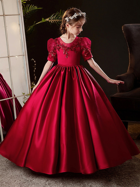 Red Satin Short Sleeve Beading Flower Girl Dress