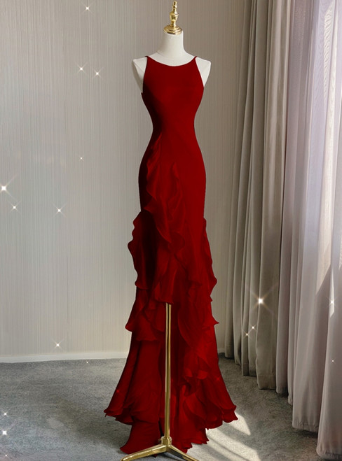 Burgundy mermaid halter prom dress front view