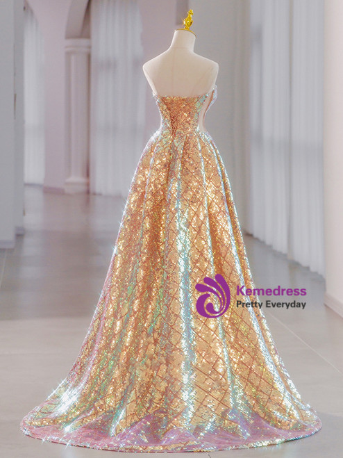 Gorgeous Ball Gown Sweetheart Gold Sequins Appliques Prom Dresses with Slit
