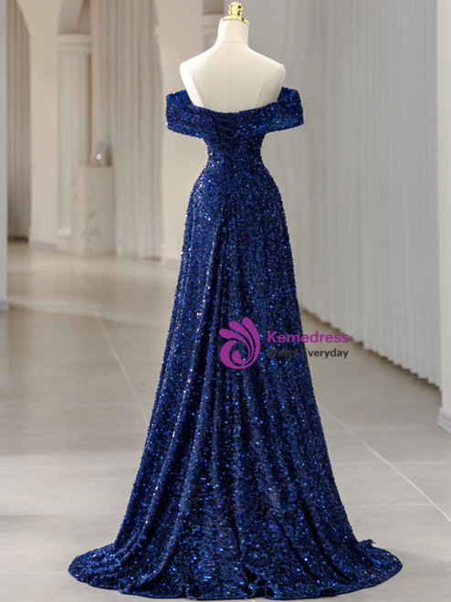 Cool Royal Blue Sequins Off-Shoulder Ruffles Side Slit Prom Dress
