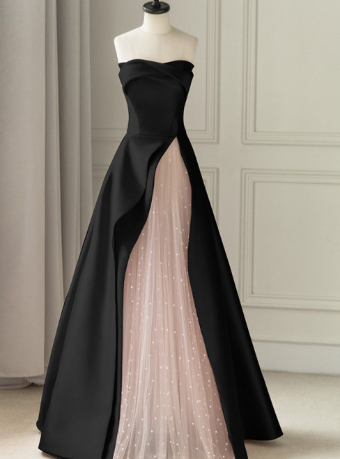 Black satin and pink tulle strapless prom dress front view