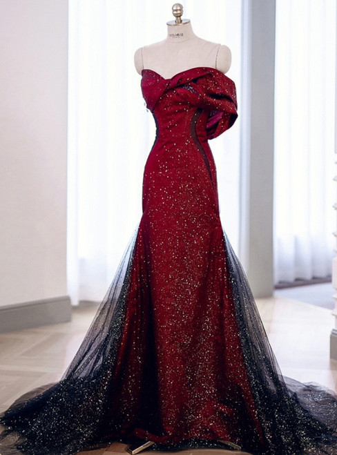 Black tulle off-the-shoulder prom dress with bow front view