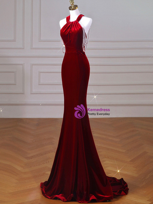 Mermaid Strapless Burgundy Velvet Prom Dresses Evening Dress P1990