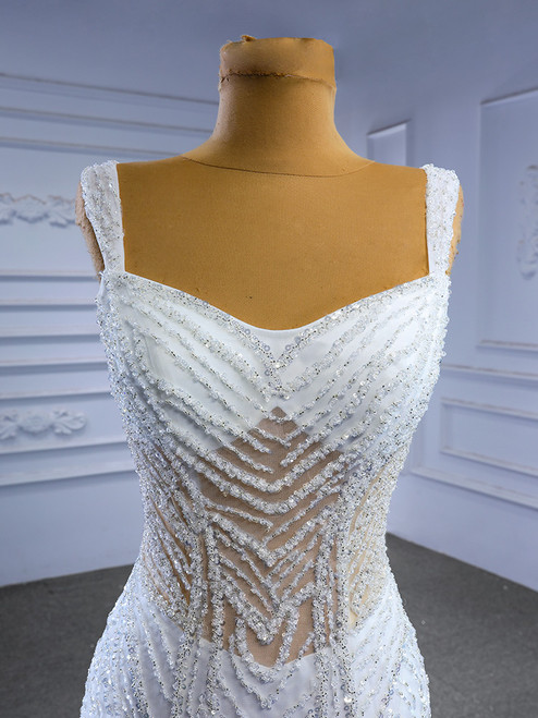Unique Mermaid Strapless White Satin Tulle Applique With Gloves Long Wedding Dresses C3855