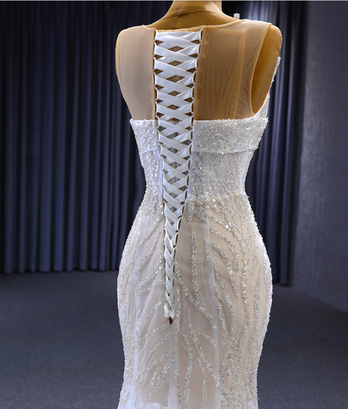 White Mermaid Sequins Strapless Wedding Dress With Train main image 0