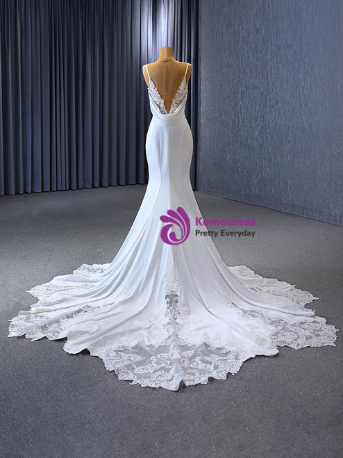 Long Spaghetti Straps Mermaid White Wedding Dress with Beading  WD609