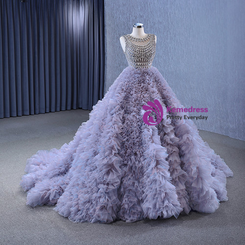 Crystal Beading Velvet Tulle Purple Prom Dress