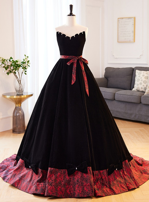 Black Velvet Strapless Bow Quinceanera Dress