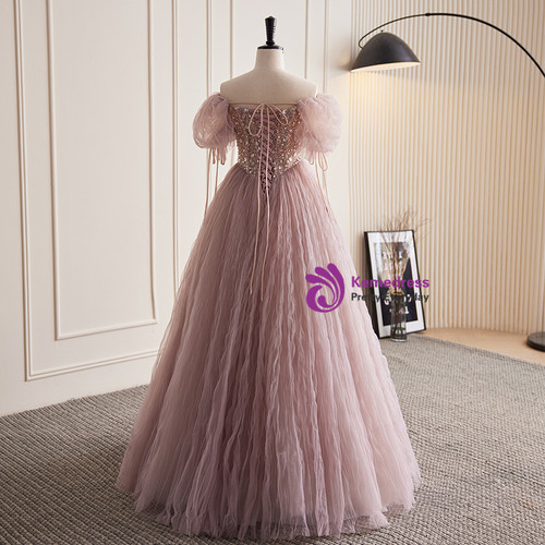 Pink Shimmering Sparkly Tulle Prom Dress with Puffed Sleeve 22335