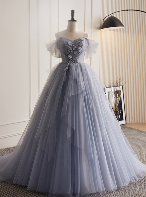 Gray Tulle Off the Shoulder Beading Off the Shoulder Prom Dress
