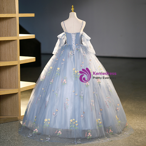 Glitter Spaghetti Straps Blue Tulle Sequin Beaded Ball Gown Formal Birthday Quinceanera Dress