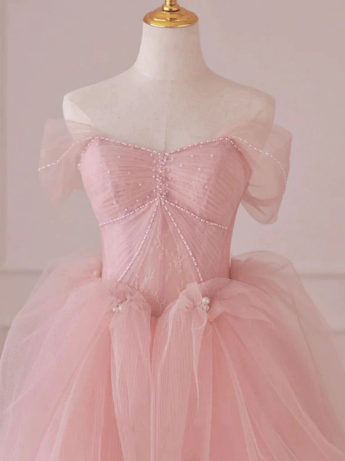 Pleated Tulle A Line Off the Shoulder Pink Prom Dress