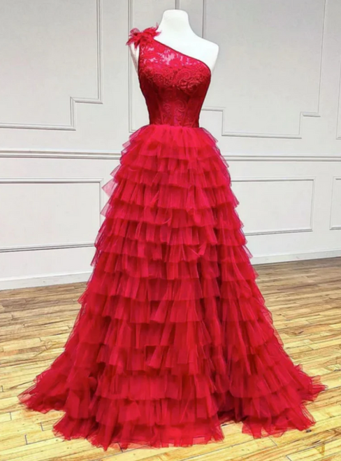 Red Tulle Lace One Shoulder Tiers Prom Dress