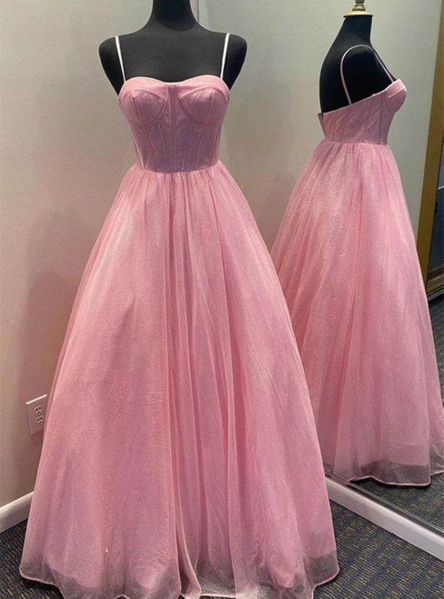 Pink Tulle Sequins Spaghetti Straps Prom Dress