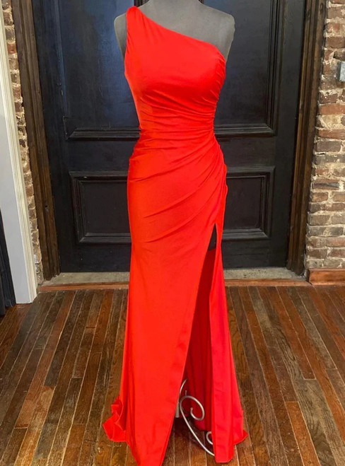 Red Mermaid One Shoulder Pleats Prom Dress