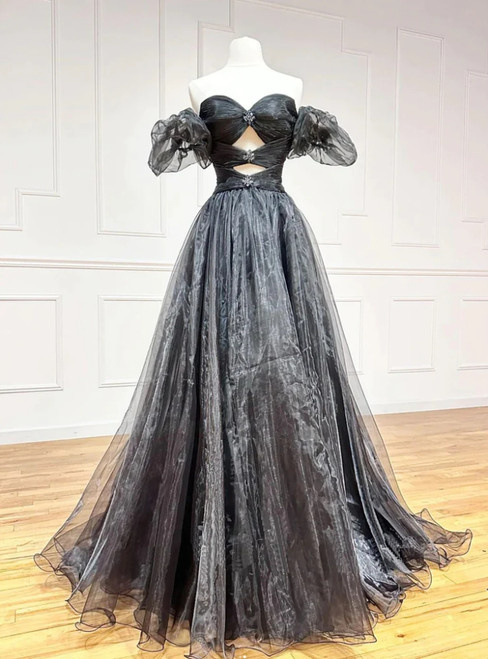 Black Organza Off the Shoulder Pleats Prom Dress