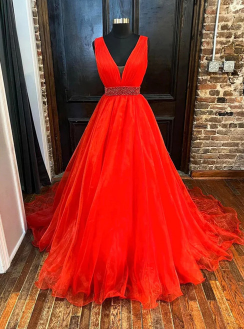 Red Tulle V-neck Beading Prom Dress