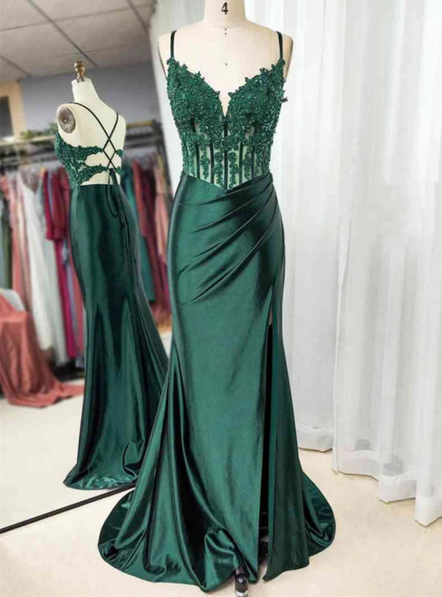 Green Satin Lace Spaghetti Straps Prom Dress