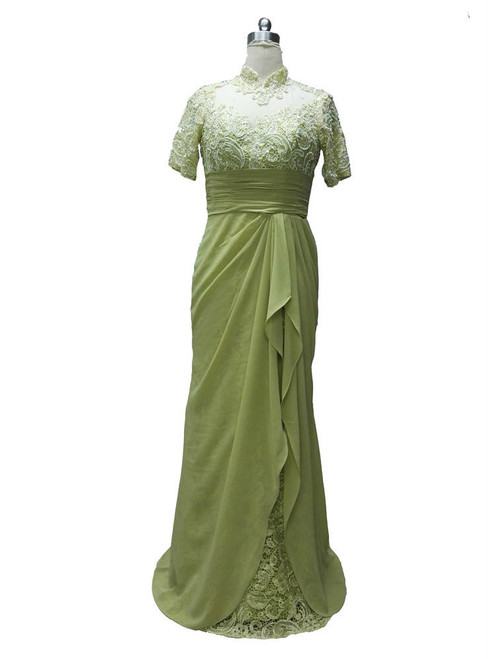 Classic Long High Neck Beaded Short Sleeves Mother of the Bride Dresses Formal Dresses