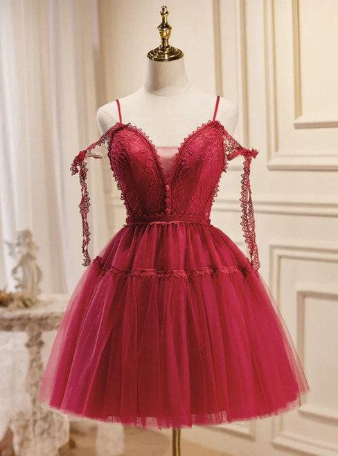 Burgundy Tulle Lace Spaghetti Straps Homecoming Dress