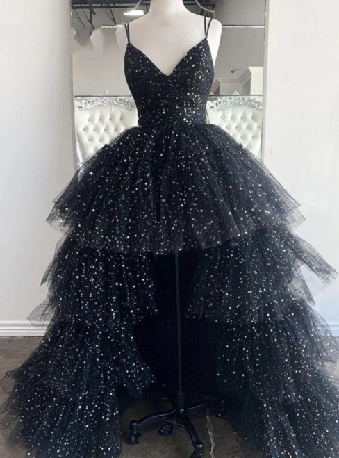 Black Tulle Hi Lo Spaghetti Straps Prom Dress