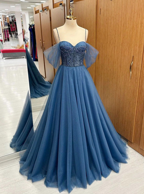 Blue Tulle Beading Spaghetti Straps Prom Dress