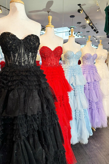 Tulle Ball Gown Ruffles Pink Sweetheart Appliques Prom Dress