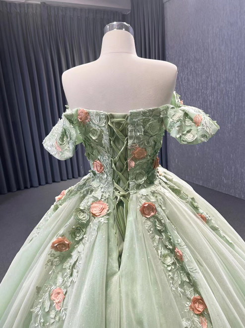 Three-dimensional Flowers Mint Green One Shoulder Tulle Long Prom Dress