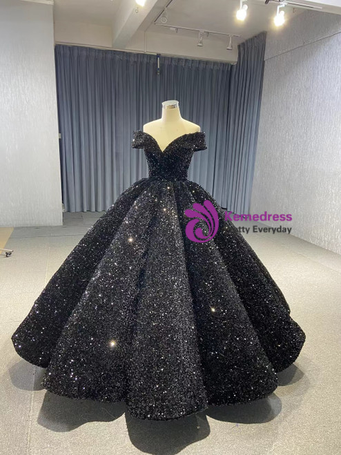 Sequin Off the Shoulder Floor Length Balll Gown Black Prom Dresses LBQ2340