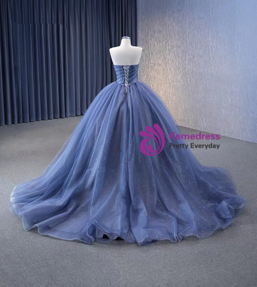 Classy Blue Tulle Sequins Evening Dress,Strapless Formal Prom Dress cc2628 main image 0