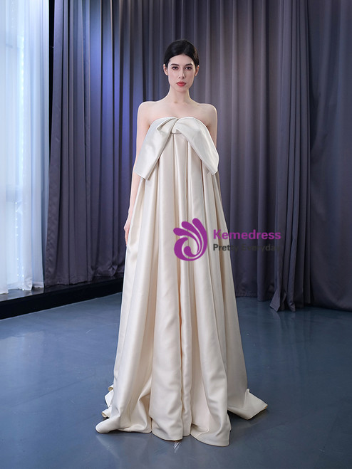 Elegant Champagne Satin Pleated Maxi Prom Dress Sheath Evening Gown DP4892