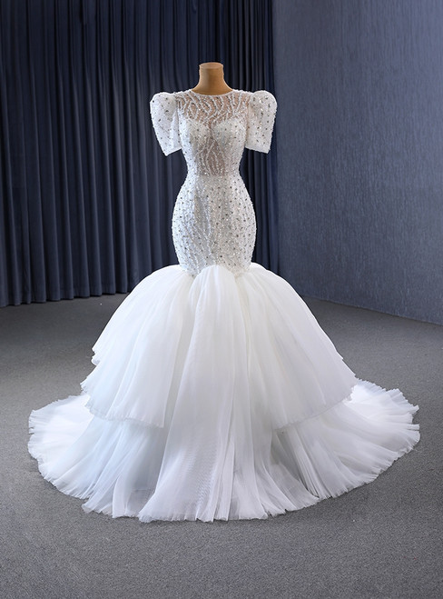 White Mermaid Tulle Short Sleeve Beading Wedding Dress