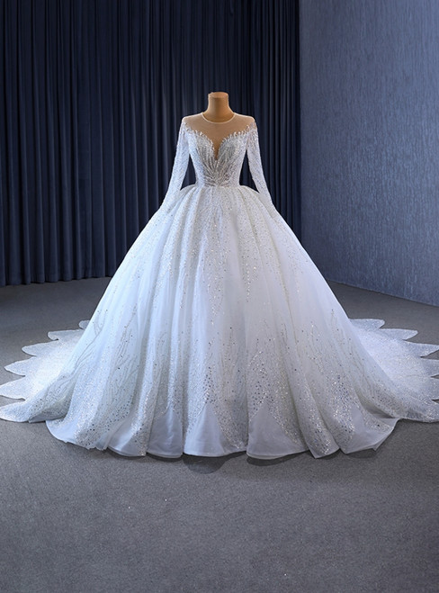 White Tulle Sequins Long Sleeve Beading Wedding Dress With Long Train