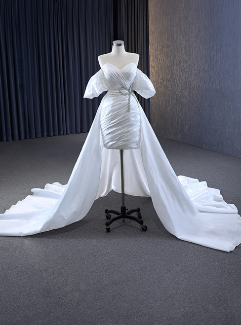 White A Line Strapless Elegant Satin Bridal Dresses With Detachable Train