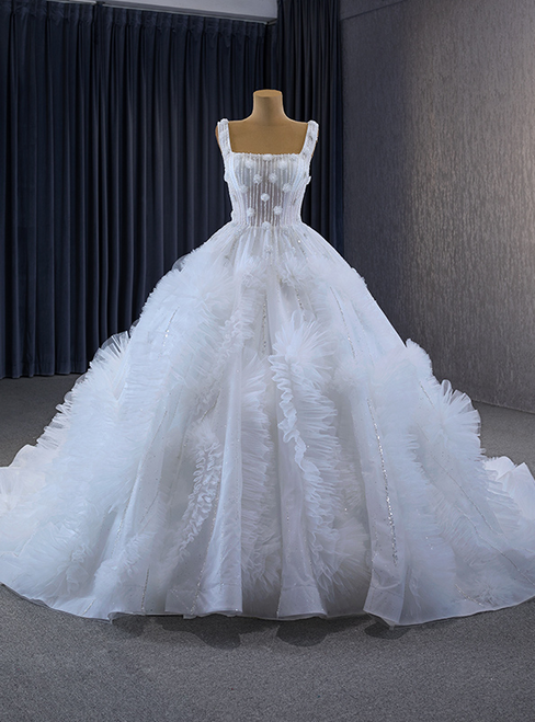 White Ball Gown Strps Beading Wedding Dress