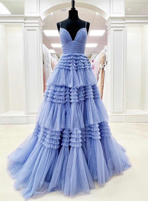 Blue Tulle Spaghetti Straps Tiers Prom Dress