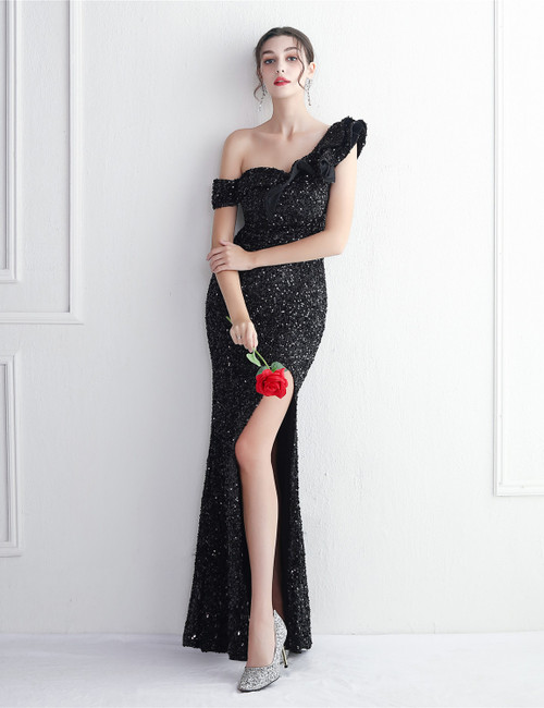 Black Sequins One Shoulder Party Dress