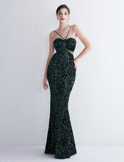 Dark Green Sequins Halter Party Dress