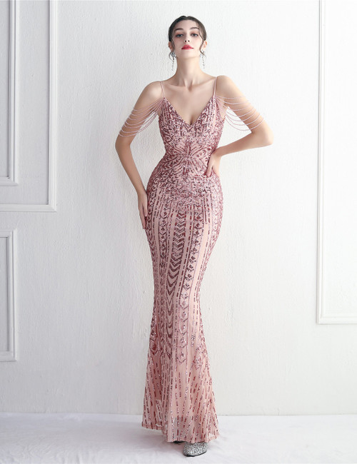 Pink Mermaid Sequins V-neck Beading Party Dress