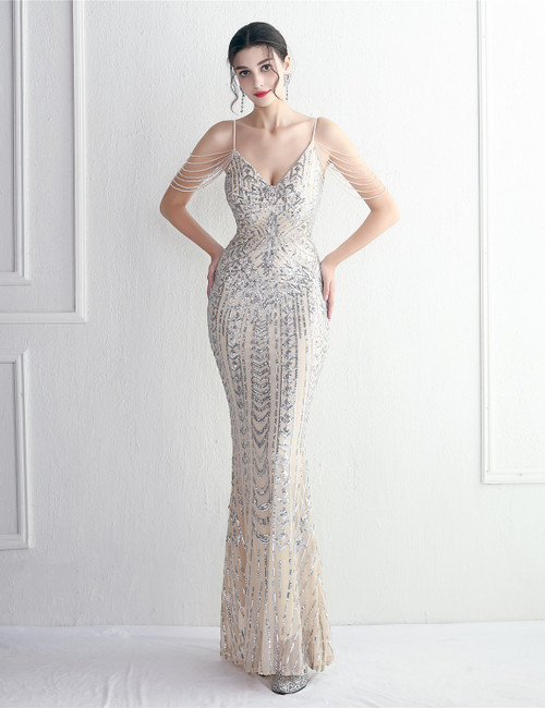 In Stock:Ship in 48 Hours Apricot Silver Sequins V-neck Beading Party Dress