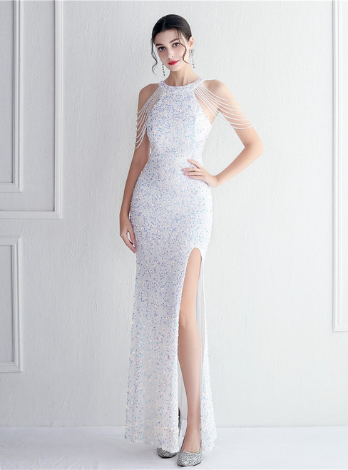 In Stock:Ship in 48 Hours White Sequins Beading Split Party Dress
