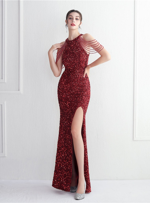 In Stock:Ship in 48 Hours Burgundy Sequins Beading Split Party Dress