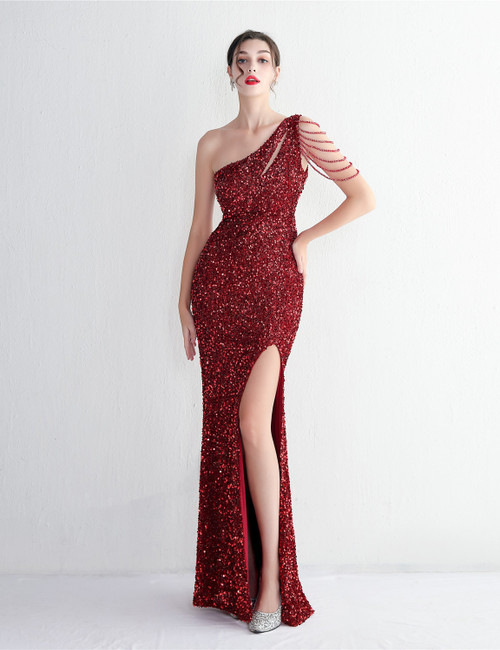 In Stock:Ship in 48 Hours Mermaid Burgundy Sequins Beading Party Dress