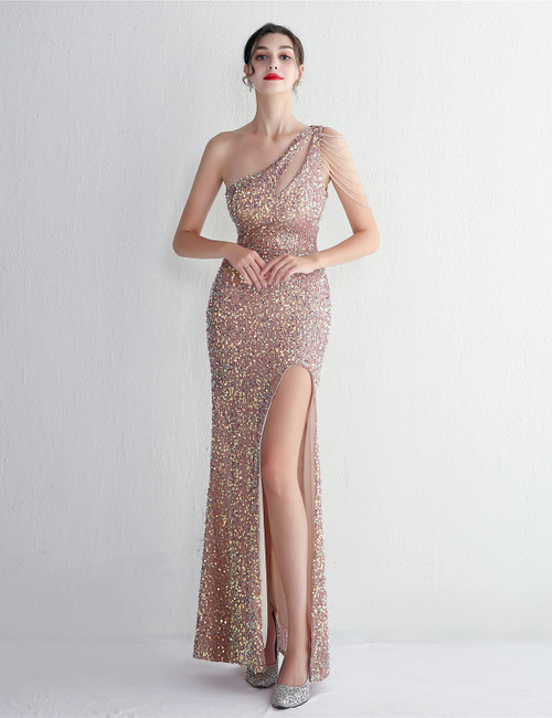 In Stock:Ship in 48 Hours Gold Mermaid Sequins Beading Party Dress