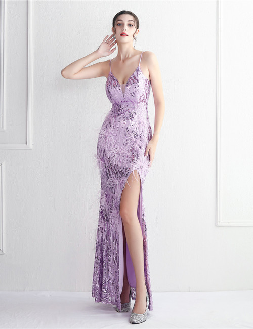 In Stock:Ship in 48 Hours Lavender Sequins Feather Party Dress