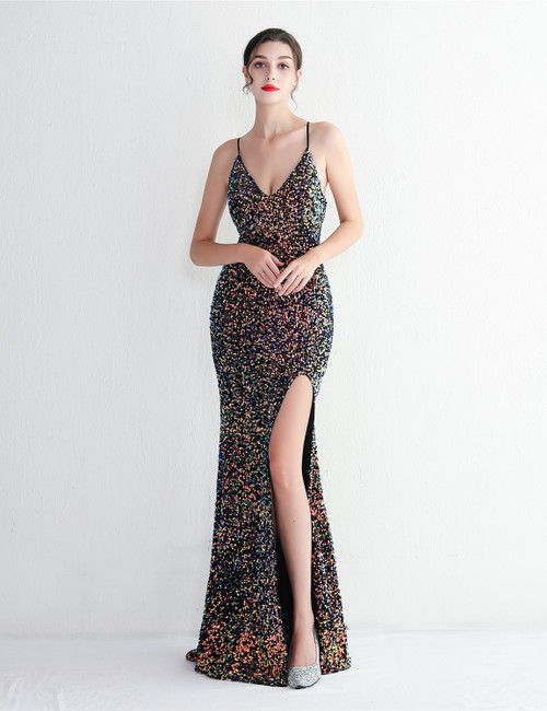 In Stock:Ship in 48 Hours Colorful Black Sequins Straps Party Dress