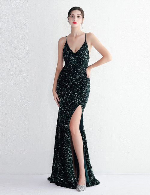 In Stock:Ship in 48 Hours Dark Green Sequins Straps Party Dress