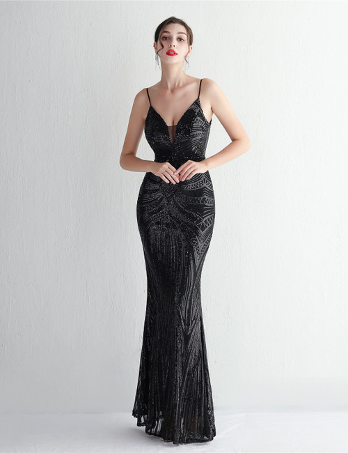 In Stock:Ship in 48 Hours Black Mermaid Sequins Straps Party Dress