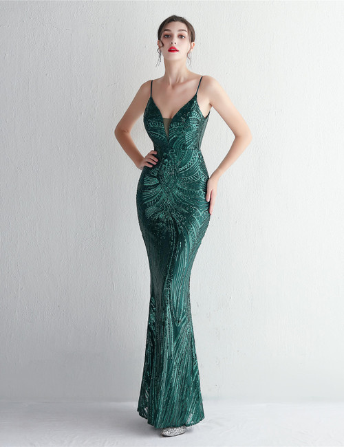 In Stock:Ship in 48 Hours Dark Green Mermaid Sequins Straps Party Dress